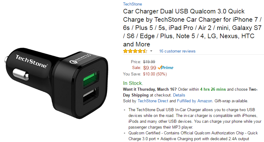 [amazon] Car Charger Dual USB Qualcom 3.0 Quick Charge by TechStone ($4 ...