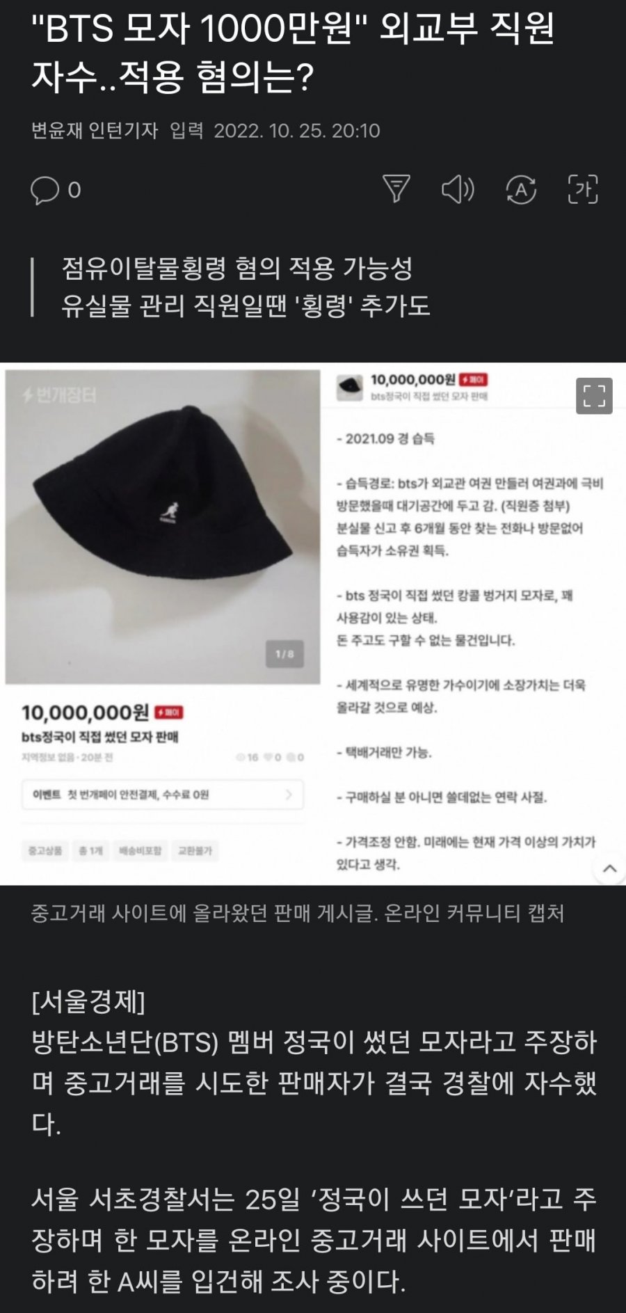 주운 Bts 모자 팔다가 X된 전 외교부 직원 Gisa 뽐뿌 자유게시판